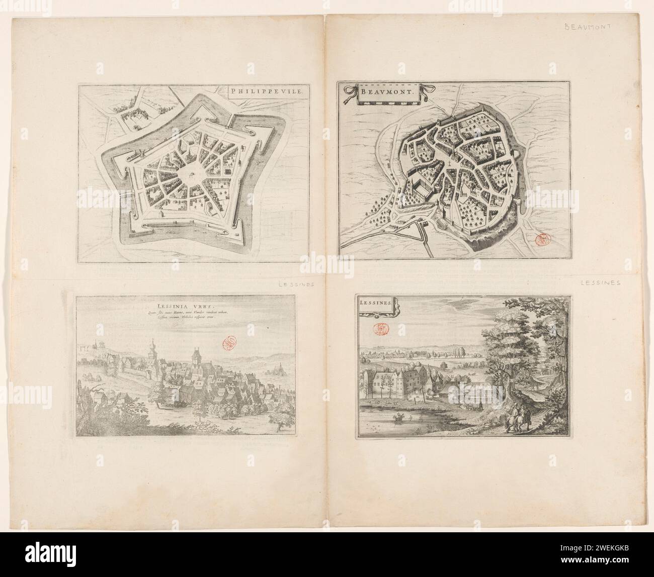 Karte von Philippeville und Beaumont und eine Ansicht der Burg von L'Estriverie und der Stadt Lektionen, Anonym, 1652 oben links eine Karte von Philippeville in einer Nutschalen Perspektive drucken, mit dem Titel in einem Rahmen. Oben rechts eine Karte von Beaumont in einer Nusshellperspektive, mit der Titelkartusche oben links. Unten rechts ein Gesicht auf der Burg von L'Estriverie, mit der Titelkartusche oben links. Im Vordergrund zwei Reiter auf einem Weg durch den Wald. Unten links ein Gesicht auf dem Stadtunterricht, mit über dem Titel. Mit niederländischem Text auf Verso. Papierätzung / Gravur / Letterpr Stockfoto