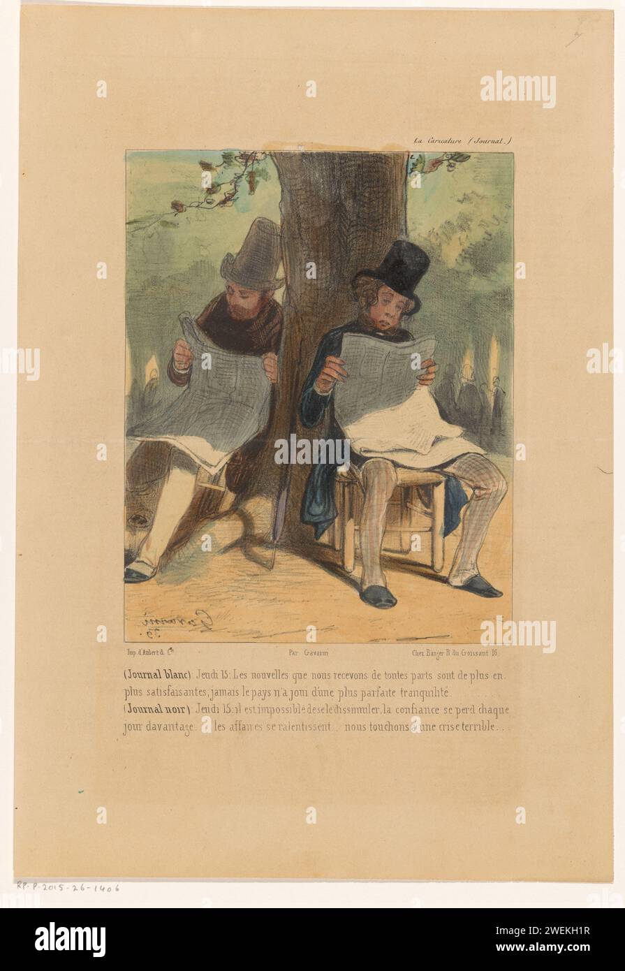 Zwei Zeitungen lesen Männer unter einem Baum, Paul Gavarni, 1839 gedruckt mit vierzeiliger Beschriftung auf Französisch. Zeitung, Zeitungsblatt. Messwert. Politische Karikaturen und Satiren Stockfoto