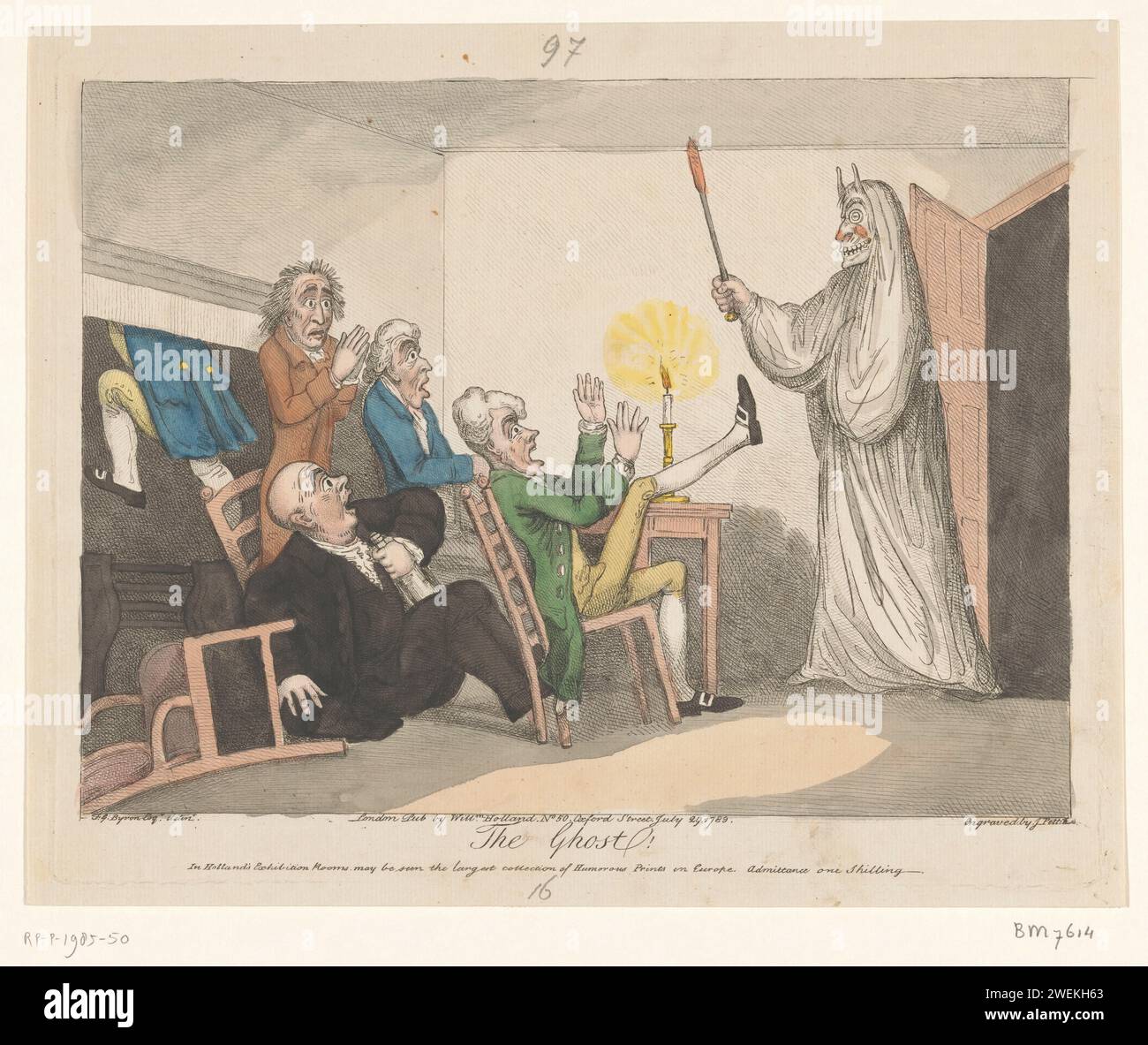 Have Ghost!, 1789 Print Cartoon, in dem jemand als Geist oder Geist gekleidet eine Gruppe von vier Männern Angst einjagt, ein Fünftel ist geflohen. Papierätzung Materialisierung, Aussehen von Geist oder Geist. Politische Karikaturen und Satiren Stockfoto