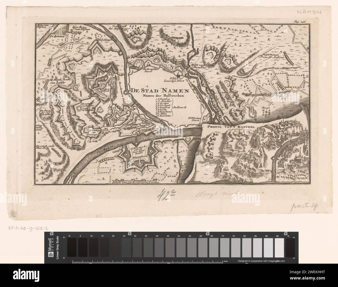 Festungskarte von Namur und ein Profil der Burg Namur, Anonym, 1735 gedruckte Karte der Namen mit einem Profil der Burg Namur unten rechts. Unten, links von der Mitte, eine Schüssel mit 400 Stäben von 6 Fuß. In der Mitte eine Legende 1-9. Bild oben rechts: S. 246. Papiergravur von Stadtplänen. Befestigte Stadtnamen (Stadt). Schloss Namur Stockfoto