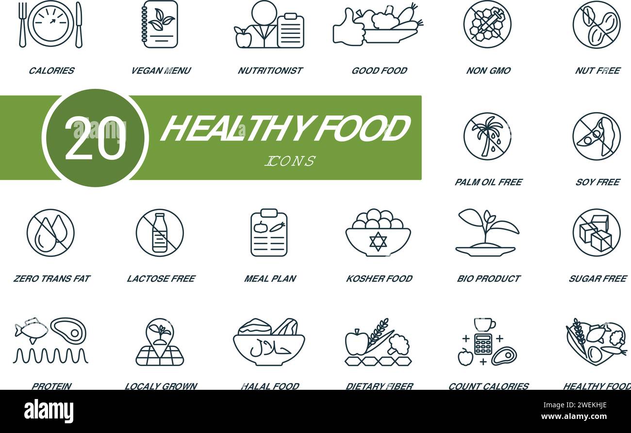 Gesunde Lebensmittel Umrisssymbole gesetzt. Kreative Symbole: Kalorien, veganes Menü, Ernährungsberater, gutes Essen, gvo-frei, Nuss-, Palmöl- und mehr-frei Stock Vektor