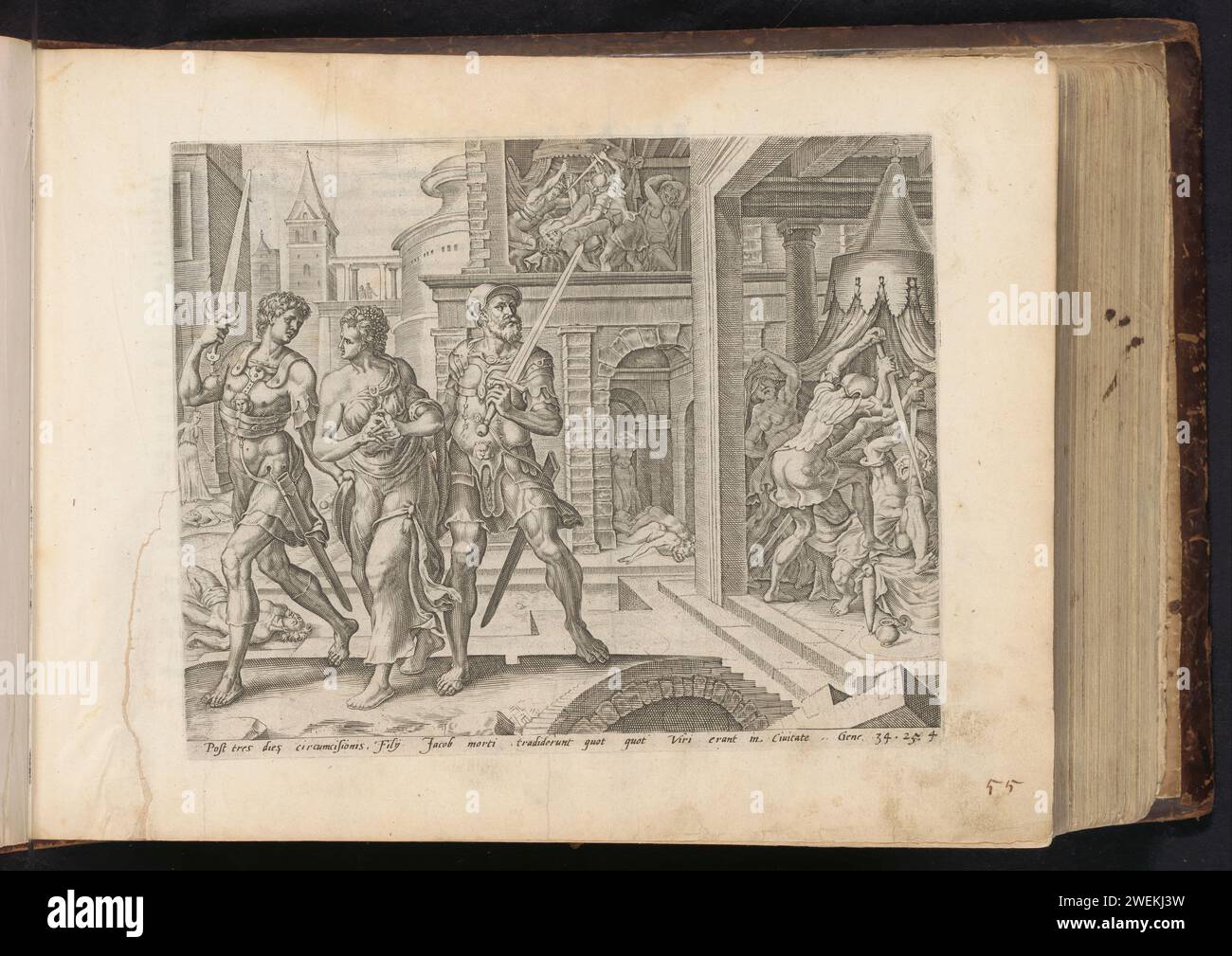Simeon und Levi nehmen Dina nach Hause, 1646 Druck Simeon und Levi nehmen ihre Schwester Dina nach Hause, nachdem sie sich in SiChem rächen, die ihre Schwester beschrieben hatte. Im Hintergrund waren die SiChem-Brüder und seine Männer, die nach ihrer Beschneidung fieberhaft waren und sich nicht wehren konnten. Am unteren Rand ist ein lateinischer Hinweis auf den Bibeltext in Gen. 34:25. Dieser Ausdruck ist Teil eines Albums. Die Papierstiche Simeon und Levi töten alle Schechemiten und bringen Dinah nach Hause, während die anderen Brüder die Stadt plündern Stockfoto
