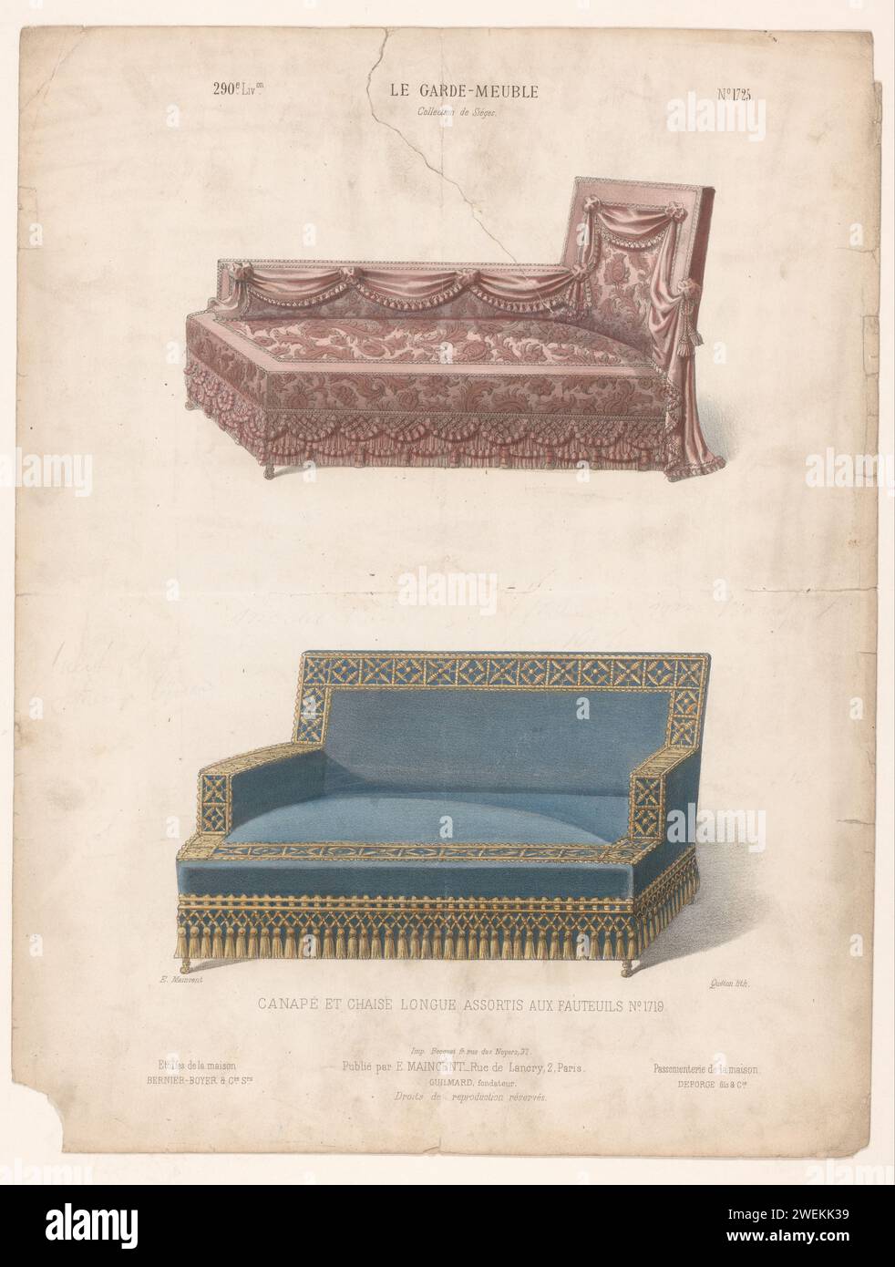 Sofa in einem Klubsessel, Quéton, 1885 - 1895 bedrucktes Een-Sofa in einem langen Sessel. Nehmen Sie die 290. Lieferung an. Papiermöbel Stockfoto