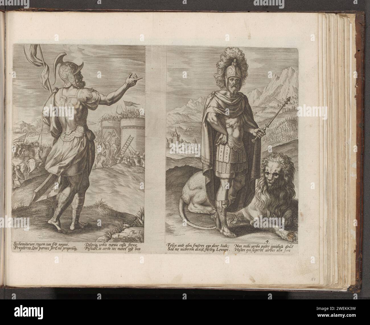 Vorfahren Levi und Juda, 1579 Druck links Vorfahren Levi, der dritte Sohn Jakobs, in Rüstung. Im Hintergrund die Belagerung der Stadt Sichem, die Levi zusammen mit Simeon als Rache für die Onteren ihrer Schwester Dina zerstörte. Auf der rechten Seite ist Juda, der vierte Sohn Jakobs, in Rüstung. An seiner Seite ein Löwe, ein Verweis auf den Vergleich, den sein Vater Jakob zwischen Juda und einem Löwen gemacht hat. Unter den Darbietungen ist ein lateinischer Hinweis auf den Bibeltext. Drucken ist Teil eines Albums. Papiergravur. Stockfoto