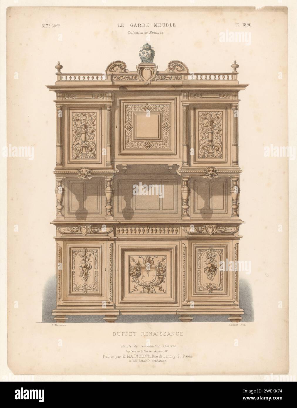 Buffet-Schrank, Léon Laroche, 1885 - 1895 bedrucken Ein Renaissance-Buffet-Schrank. Drucken Sie aus dem 317. Livraison. Papiermöbel zur Aufbewahrung Stockfoto
