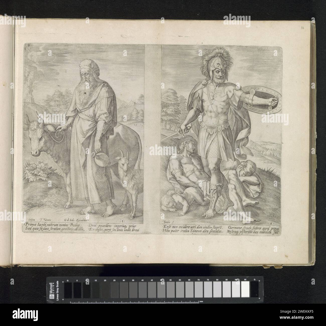 Familienväter Ruben und Simeon, Johann Sadeler (I), nach Chrispijn van den Broeck, 1585 Druck links, Vorfahren Ruben, der älteste Sohn Jakobs, in einer Landschaft mit einer Kuh und einer Ziege neben ihm. Eine Kanne in seiner linken Hand. Rechts Vorfahren Simeon, der zweite Sohn Jakobs, in Rüstung in einer Landschaft. Hinter ihm befinden sich die Leichen von Sichem und zwei seiner Männer, die Simeon zusammen mit Levi als Rache für die Onteren seiner Schwester Dina getötet hatten. Unter den Darbietungen ist ein lateinischer Hinweis auf den Bibeltext. Dieser Ausdruck ist Teil eines Albums. Papiergravur. Stockfoto