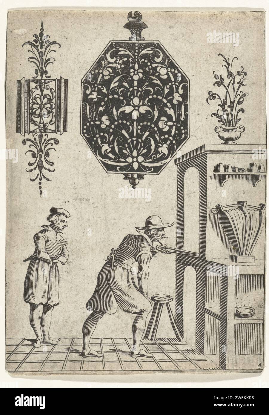 Zwei Goldenmiden Jornaments, Anonym, nach Jean Toutin, 1619–1694 Druck unten sind ein Schmied und sein Schüler an einem Ofen. Papiergravur Stockfoto