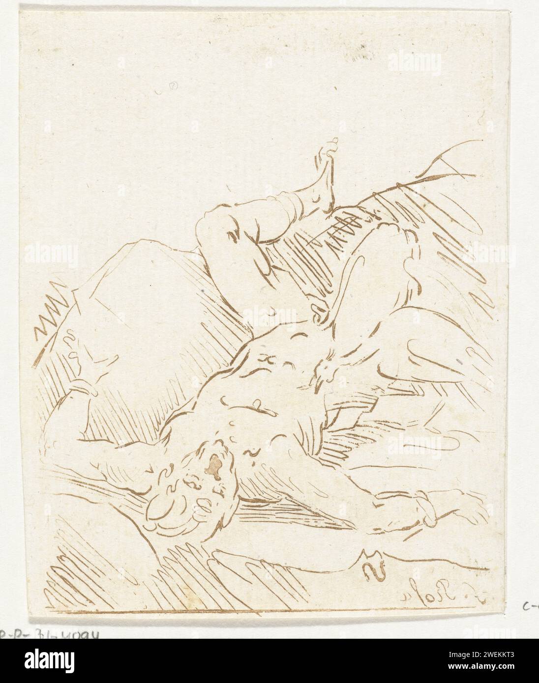 Prometheus angekettet, Anthonie van den Bos, nach Salvator Rosa, 1778–1838 Druck Prometheus ist an einen Felsen gekettet und ein Adler nimmt seine Leber auf. Prometheus erhielt diese Strafe von Jupiter, weil er das Feuer gestohlen und dem Volk gegeben hatte. Papier Gegensicher (Geschichte von) Prometheus. Ein Adler weint an Prometheus' Leber Stockfoto