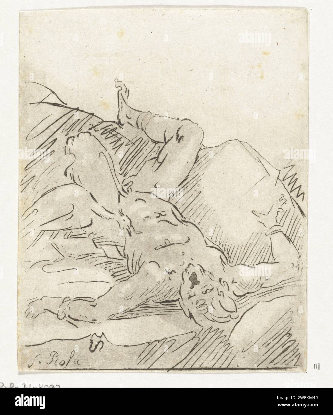 Prometheus angekettet, Anthonie van den Bos, nach Salvator Rosa, 1778–1838 Druck Prometheus ist an einen Felsen gekettet und ein Adler nimmt seine Leber auf. Prometheus erhielt diese Strafe von Jupiter, weil er das Feuer gestohlen und dem Volk gegeben hatte. Papier, das einen Adler ätzt, trennt Prometheus' Leber Stockfoto