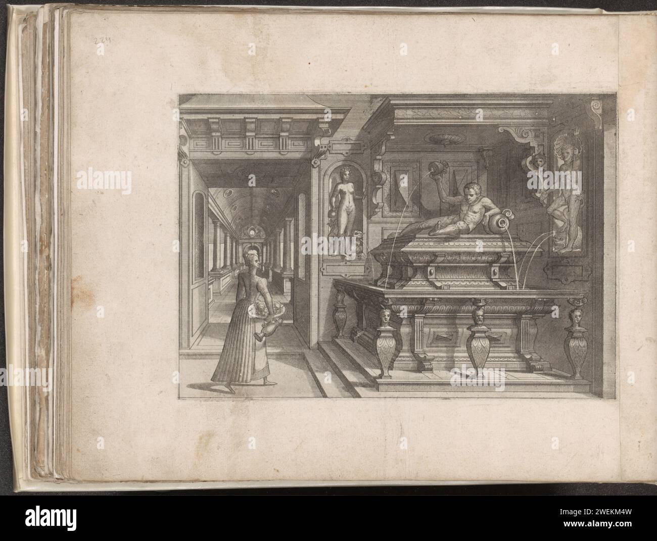 Brunnen in Form eines Grabes, 1568 gedruckt Ein Eckbrunnen in Form eines Grabes gekrönt das Bild eines Mannes, der sich an eine Kanne lehnt, aus der Wasser austritt. Links eine stehende Frau mit einer Schüssel unter dem Arm und einem Krug in der Hand. Hinter ihren Augen in einer Galerie. Dieser Ausdruck ist Teil eines Albums. Zierbrunnen zum Ätzen von Papier. Stehende Figur (Kanon, Proportionen) - AA - weibliche menschliche Figur. Städtische Architektur; Gebäude; Wohnungen Stockfoto