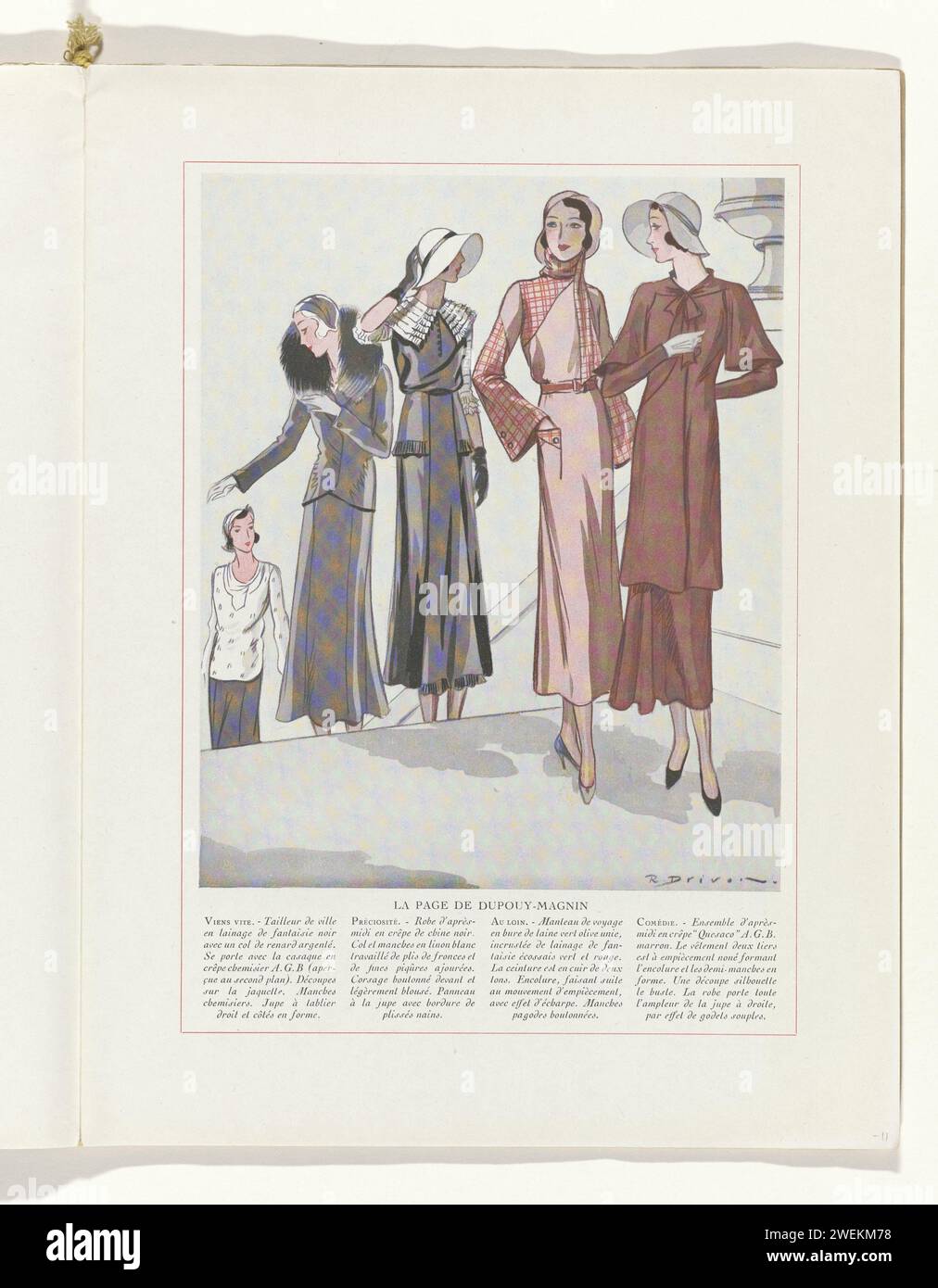 Kunst - Geschmack - Schönheit, weibliche Eleganz Blätter, März 1932, Nr. 139, 12. Jahr, S. 11, R. Drivon, Magazin 1932 fünf Frauen, die auf einer Treppe stehen, gekleidet in Dupouy-Magnin-Ensembles. Von links nach rechts: 'Tailleur' (Anzug) aus schwarzem 'Lainage de Fantaisie' (Wolle) mit Fuchsfellkragen. Nachmittagskleid aus schwarzem „Crepe de Chine“, Kragen und Ärmel aus weißem Leinen. Reisekleidung: Mantel aus handgewebter Wolle und schottischer „Lainage de Fantaisie“ (Wolle). Ceintuur aus zweifarbigem Leder. Ensemble für am Nachmittag von 'Crepe' Quesaco 'A.G.B'. Seite aus dem Modemagazin Art-Goût-Beauté (1920-1933). p Stockfoto