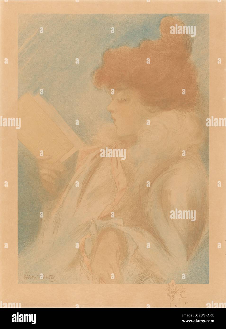 Lesende Frau, Henri Boutet, 1861 - 1919 Printleserin mit einem Buch in der rechten Hand. Unter dem Bild ein remarque, das aus dem Gesicht einer Frau besteht. Papierdruck, z. B.: Gravur, Ätzen, Lithografie. Messwert Stockfoto