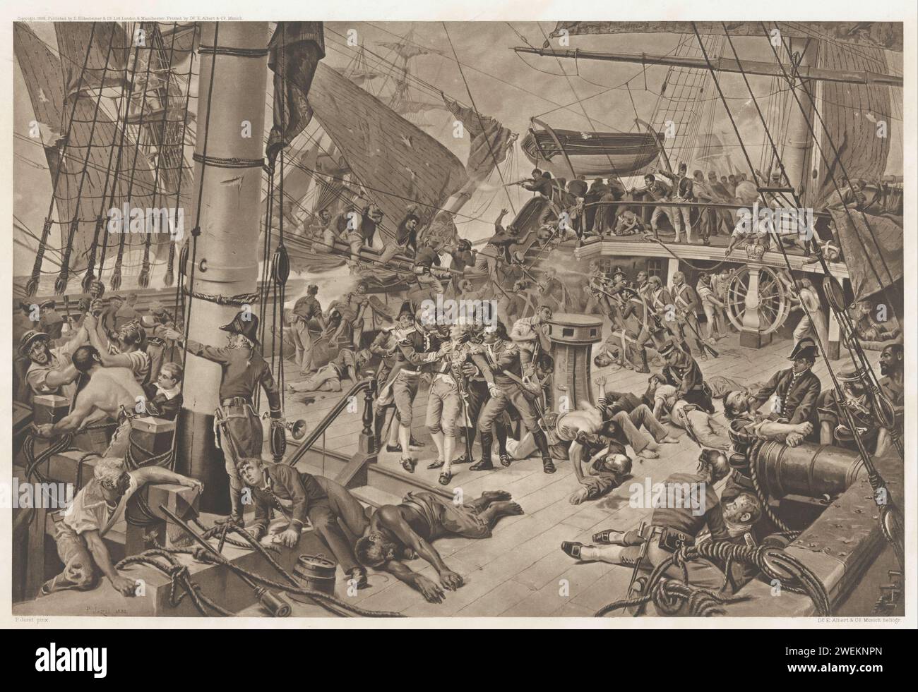 Seeschlacht bei Trafalgar, 1805, E. Albert & Co., nach Paul Léon Jazet, 1898 fotomechanischer Druck Tod von Admiral Horatio Nelson während der Seeschlacht bei Trafalgar, 21. Oktober 1805. Papiersterben. Battle (+ Segelschiffe) Stockfoto