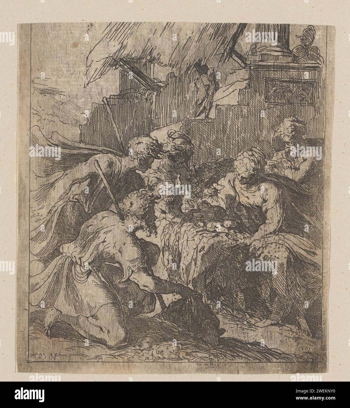 Anbetung von de Herders, Vincenzo Caccianemici, 1530–1542 Druckpapier Ätzung / Trockenpunkt Anbetung des Christuskindes durch die Hirten; Maria und Josef anwesend Stockfoto