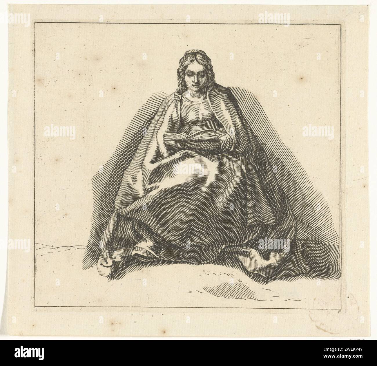 Leserin Frau, anonym, nach Frederick Bloemaert, nach Abraham Bloemaert, ca. 1670 - 1706 Druck Eine Frau liest ein Buch auf dem Boden. Drucken Sie fünf aus einer Serie von Drucken zu Figuren aus dem Zeichenbuch von Abraham Bloemaert. Papiergravur erwachsener Frau. Messwert Stockfoto