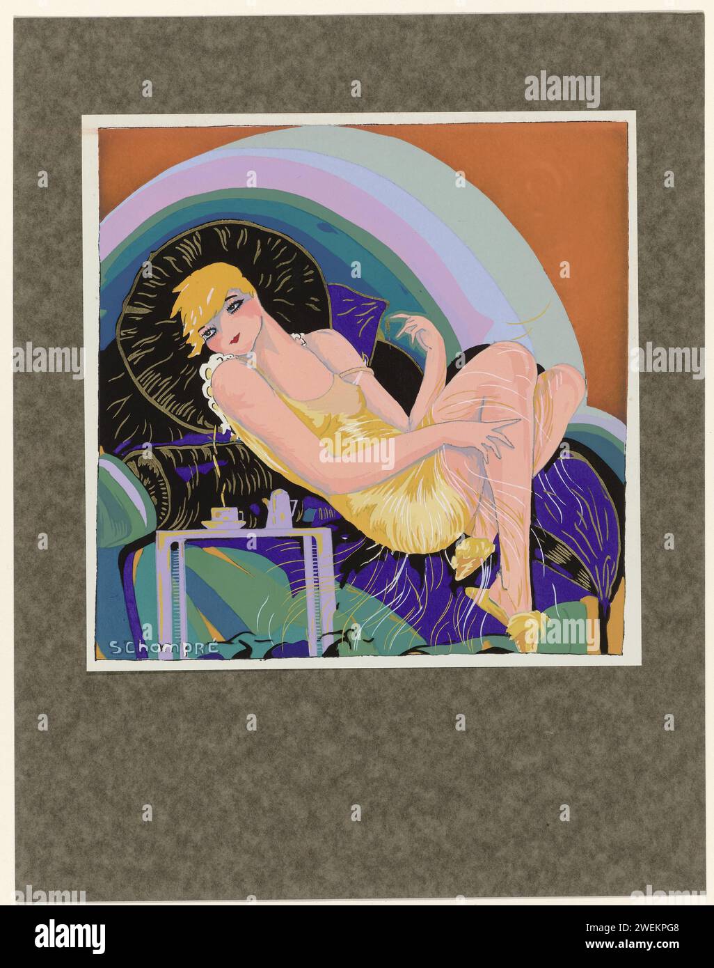 Femmes Modernes, 1926: Liegende Frau auf einer Couch, s chompré, ca. 1926 Frau in dünnem Stoff, mit Schultergurten, liegende Frau auf einer Couch. Papier. Gouache (Farbe) Modeteller. Kleid, Kleid (+ Damenkleidung) Stockfoto