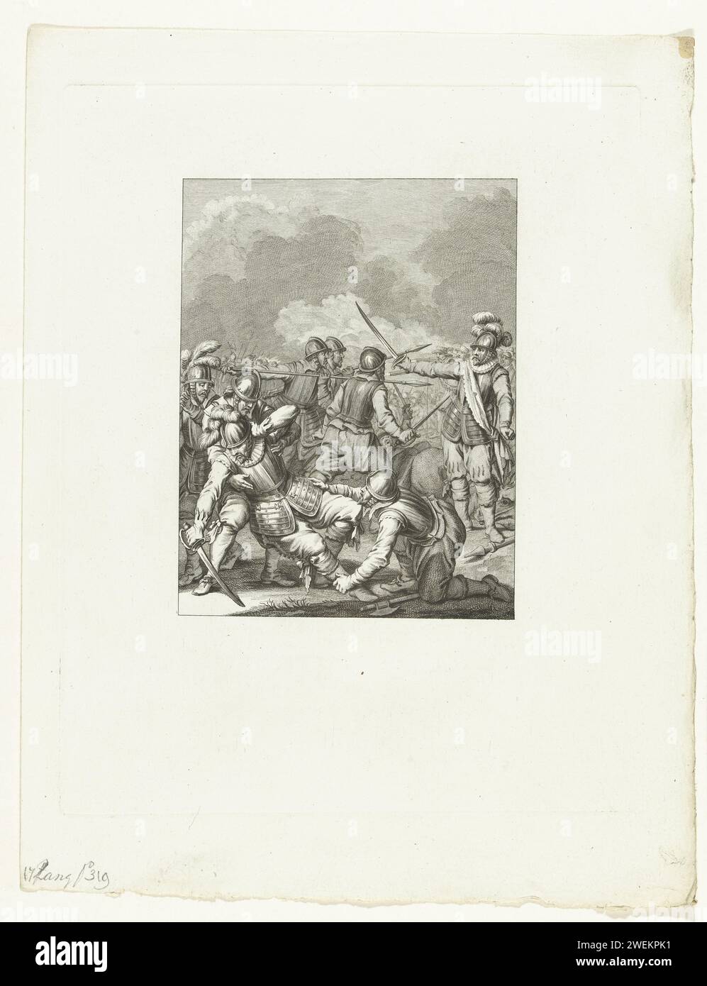 Tod von Charles de Boisot, 1575, 1785 Druck Tod von Charles de Boisot auf dem Schlachtfeld während einer Schlacht mit Mondragon, 29. September 1575. 17. Gesang. Papierätzfärbung. Kampf, Kampf im Allgemeinen Stockfoto