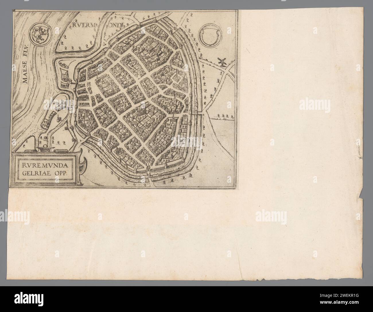 Karte von Roermond, Anonym, 1580 - 1625 Druckpapier Gravieren von Karten von Städten Roermond Stockfoto