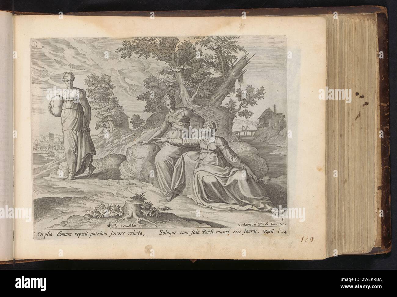 Orpa verlässt Ruth und Naomi, Philips Galle, nachdem Adriaan de Weerdt, 1646 Print Naomi mit ihren beiden Schwiegertöchtern nach Juda reist. Auf dem Weg dorthin schickt sie die Frauen zurück in ihr Elternhaus. Orpa geht, aber Ruth bleibt bei Naomi. Ruth und Naomi sitzen auf Steinen am Ufer eines Flusses. Orpa geht mit ihrem Gepäck unter dem Arm. Unter der Ausstellung ist ein lateinischer Verweis auf den Bibeltext in Ruth 1,14 zu sehen. Dieser Ausdruck ist Teil eines Albums. Naomi schickt ihre Schwiegertöchter weg: Orpah kehrt nach Hause zurück, Ruth bleibt Stockfoto