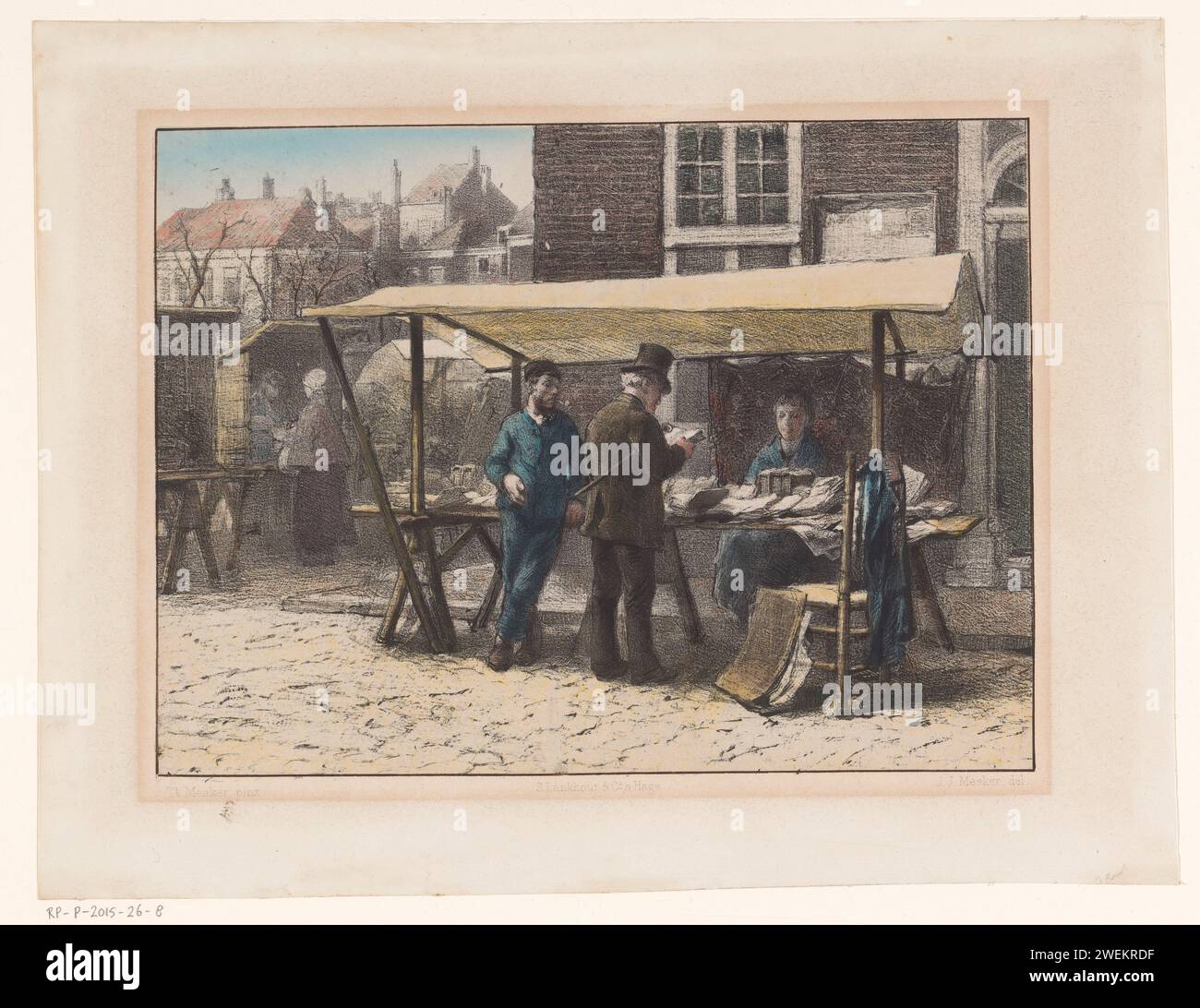 Der Buchstand von Jozef Blok auf dem Grote Markt in den Haag, 1879 Druck Ein Kunde inspiziert ein Werk vom Stand aus. Neben ihm ist der Besitzer Joseph Blok, mit einer Pfeife im Mund. Hinter dem Stall befindet sich wahrscheinlich seine Frau, Saartje Bloemkoper. Papierbuchstand, Kiosk. Großer Markt wird gelesen Stockfoto