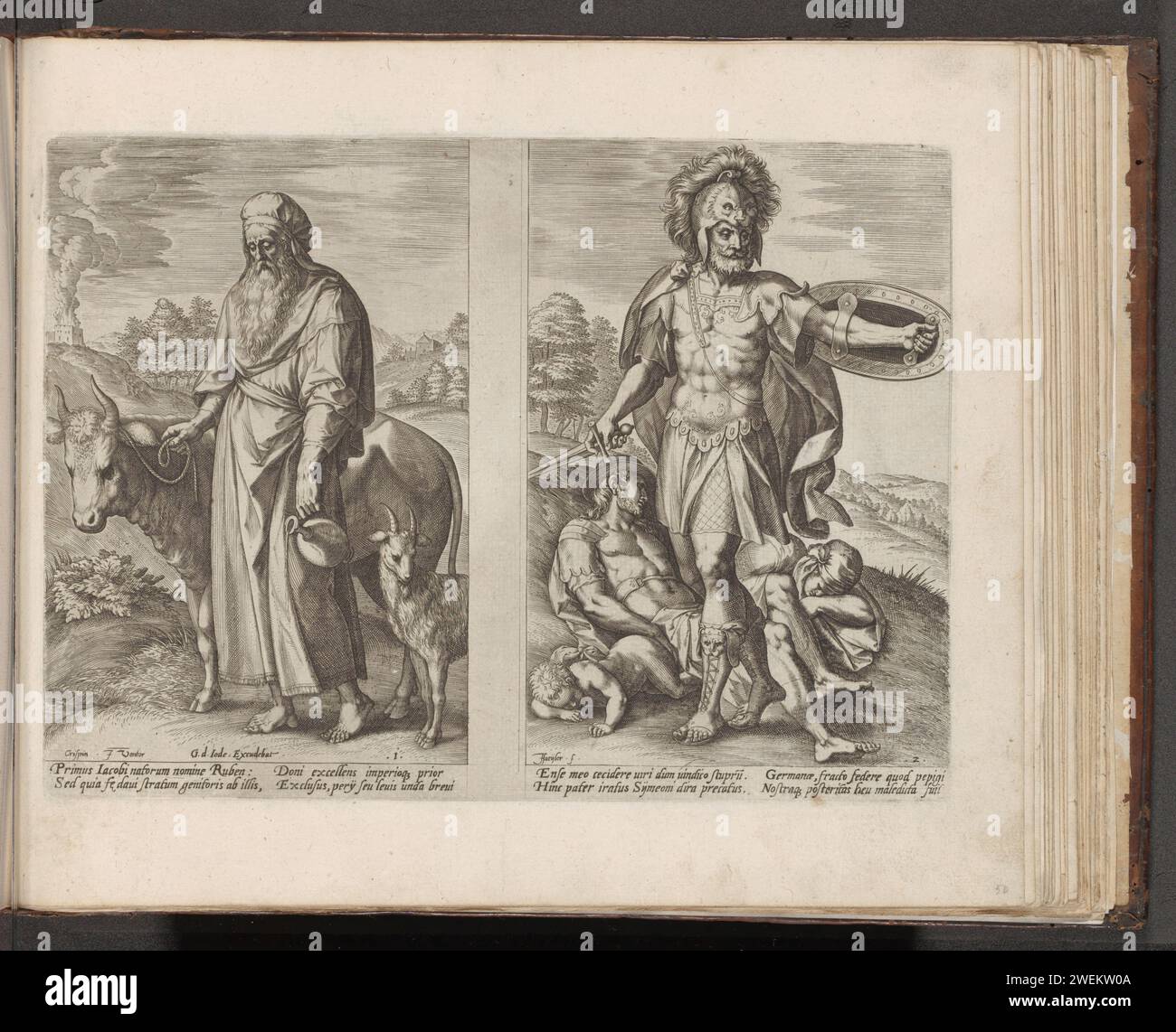 Vorfahren Ruben und Simeon, 1579 Druck links, Vorfahren Ruben, der älteste Sohn Jakobs, in einer Landschaft mit einer Kuh und einer Ziege neben ihm. Eine Kanne in seiner linken Hand. Rechts Vorfahren Simeon, der zweite Sohn Jakobs, in Rüstung in einer Landschaft. Hinter ihm befinden sich die Leichen von Sichem und zwei seiner Männer, die Simeon zusammen mit Levi als Rache für die Onteren seiner Schwester Dina getötet hatten. Unter den Darbietungen ist ein lateinischer Hinweis auf den Bibeltext. Drucken ist Teil eines Albums. Papiergravur. Stockfoto