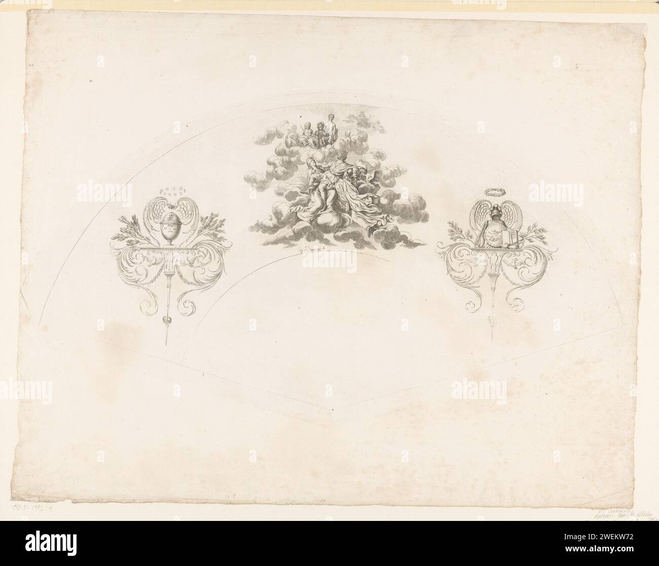 Apotheose Friedrich II., König von Preußen, Daniel Nikolaus Chodowiecki, 1787 Druckpapier, das die Apotheose eines Herrschers ätzt. Krönung mit Lorbeer (+ Variante). (Geschichte) Minerva (Pallas, Athena) (+ Variante). Justitia (Gerechtigkeit) als römische Personifikation. (Story of) Mars (Ares). (Story of) Jupiter (Zeus) (+ Variante). (Geschichte) Apollo (Phoebus) (+ Variante). Urn. Insekten: Schmetterling. Sterne. Händeschütteln, 'Dextrarum junctio' (+-Variante). Rüstung. Buch - MM - Buch geöffnet. Waagen. Tauben, Tauben Stockfoto