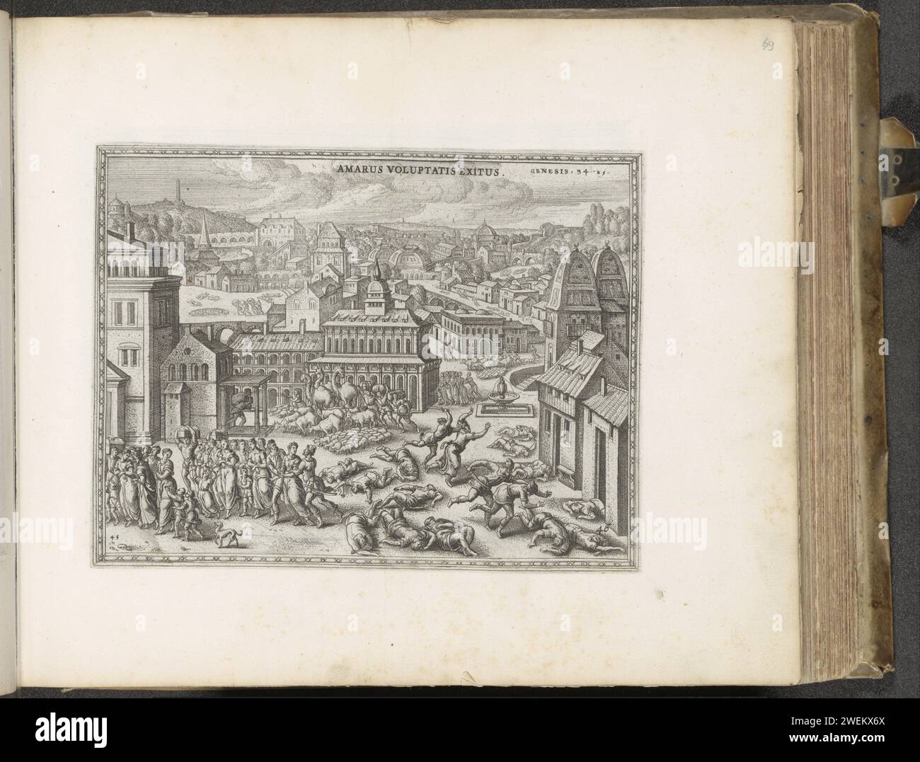 Simeon und Levi töten die Sichemiten und nehmen Dina nach Hause, 1653–1654 Druck ließ Simeon und Levi ihre Schwester Dina nach Hause nehmen, nachdem sie sich in SiChem rächen, die ihre Schwester getan hatten (Gen. 34:25). Der Ausdruck ist Teil eines Albums. Das Alttestamentum wird geätzt. Simeon und Levi töten alle Schechemiten und bringen Dinah nach Hause, während die anderen Brüder die Stadt plündern Stockfoto