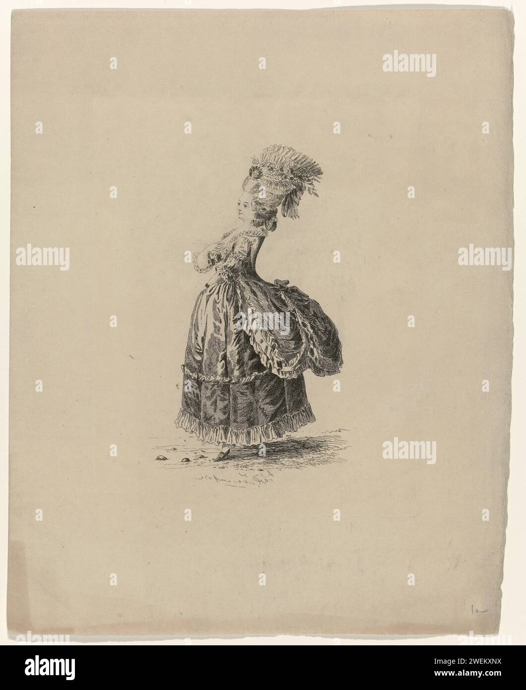 Gallerie des Modes et Kostüumes Francais, 1785, 31. Notizbuch, pl. GG.181, Nadruk, 1875 Beschriftung OP erste Druk: Polonoise Kleid von Satin Leger, angepasst mit Bändern anderer Farben, und Garneringen von Gaze Bonet zu Pfeifen, umgeben von einem gerollten Band, auf der Vorderseite eine brillante Rosette angebracht und mit Blumen garniert. Papierätzung Fashion Flat. Kleid, Kleid: Polnische Kleidung Stockfoto