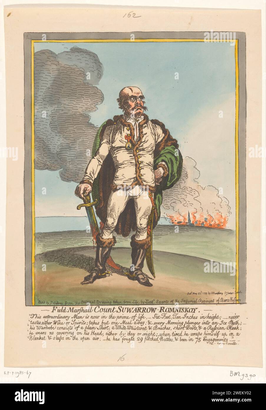 Cartoon über Aleksandr Seworow, 1799, 1799 Print Cartoon über Graf Aleksandr Vasiljevitsj Soeworow, Fürst von Italien, Graf des Heiligen Römischen Reiches. Wie ein blutrünstiger Krieger, der auf dem Feld steht, mit blutigem Säbel in der Hand, mit einer brennenden Stadt im Hintergrund. Papierätzung, Hacking und Schub von Waffen. Nichtkämpfer  Krieg. Politische Karikaturen und Satiren Stockfoto