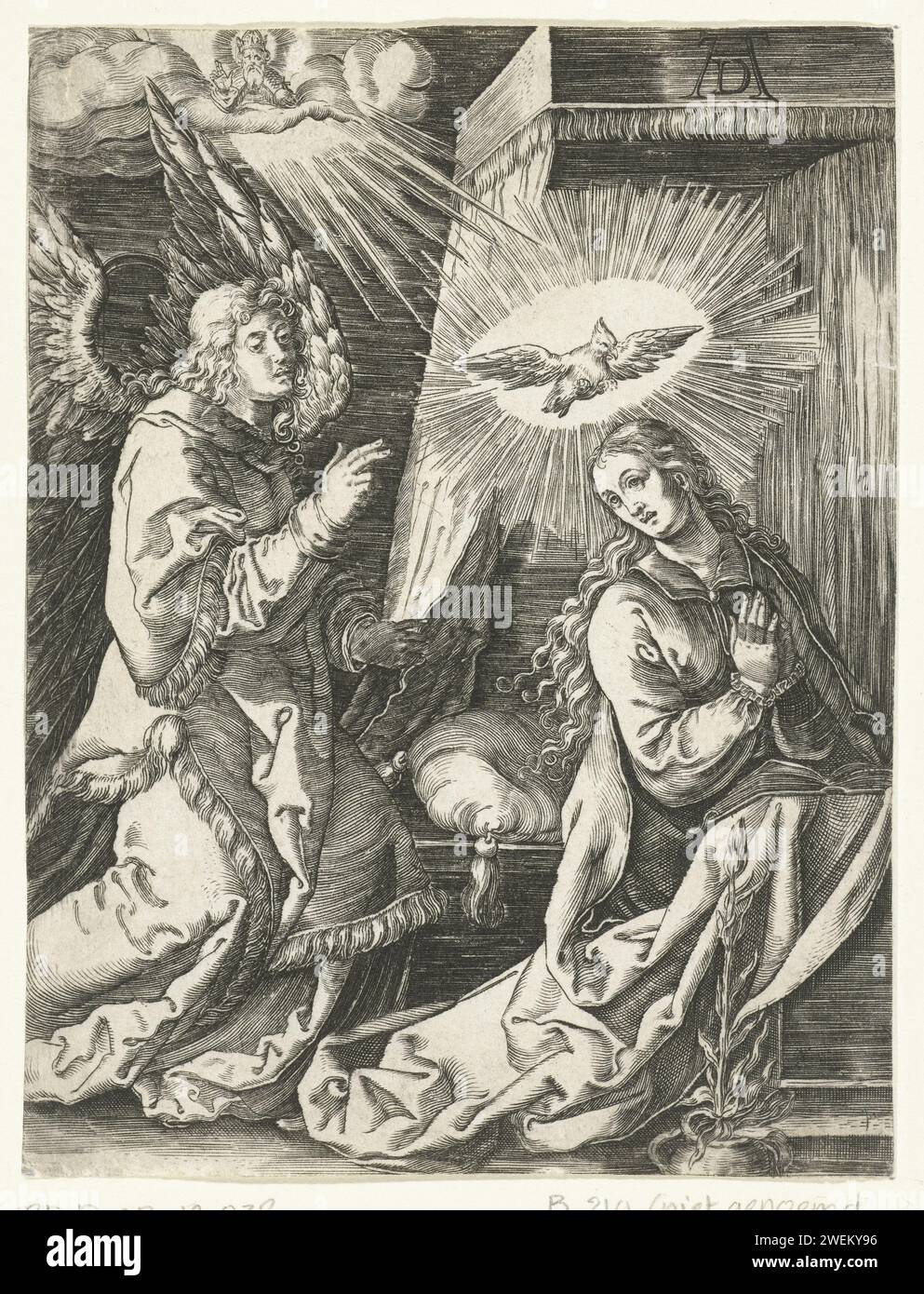 Ansage Geburt Christi an Maria, Anonym, nach Albrecht Dürer, 1510 - 1575 Druckpapier mit der Verkündigung: Maria, meist lesend, wird vom Engel besucht (manchmal hört eine Frau das Gespräch) Stockfoto