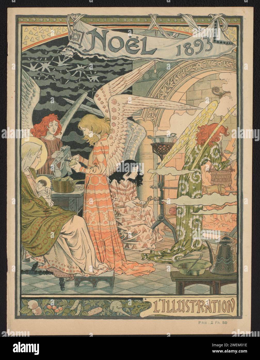 Cover für die Weihnachtsausgabe 1893 von „L'Illustration“, Anonym, nach Eugène Grasset, Druck 1893. Fotomechanischer Druck Maria mit Kind in einer Küche, in der vier Engel Essen zubereiten. Papier Buchdruck / Druckblock Bucheinband, Bindung. Wöchentlich, monatlich, Magazin usw. Weihnachten (nicht-liturgische Feier) Stockfoto