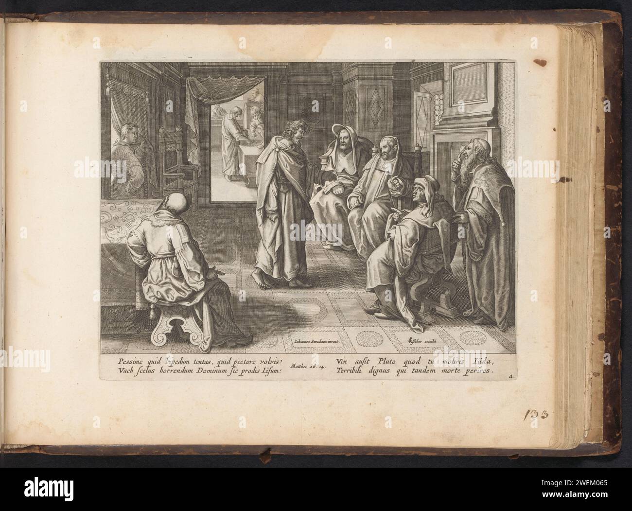 Judas Iskariot bei den Hohenpriestern, Anonym, nach Karel van Mallery, nach Jan van der Straet, 1646 Print Judas Iskariot steht für die sitzenden Hohenpriester und verhandelt mit ihnen, was er bekommen wird, wenn er ihnen Christus schenkt. Dreißig Silberstücke werden ihm im Hintergrund bezahlt. Unter der Ausstellung ist ein lateinischer Verweis auf den Bibeltext in Mat 26:14. Unten rechts der Buchstabe a. dieser Ausdruck ist Teil eines Albums. Papierstich Judas geht zu den Hohenpriestern, verrät Christus und erhält die Belohnung (Matthäus 26,14-16; Markus 14,10-11; Lukas 22,4-6) Stockfoto