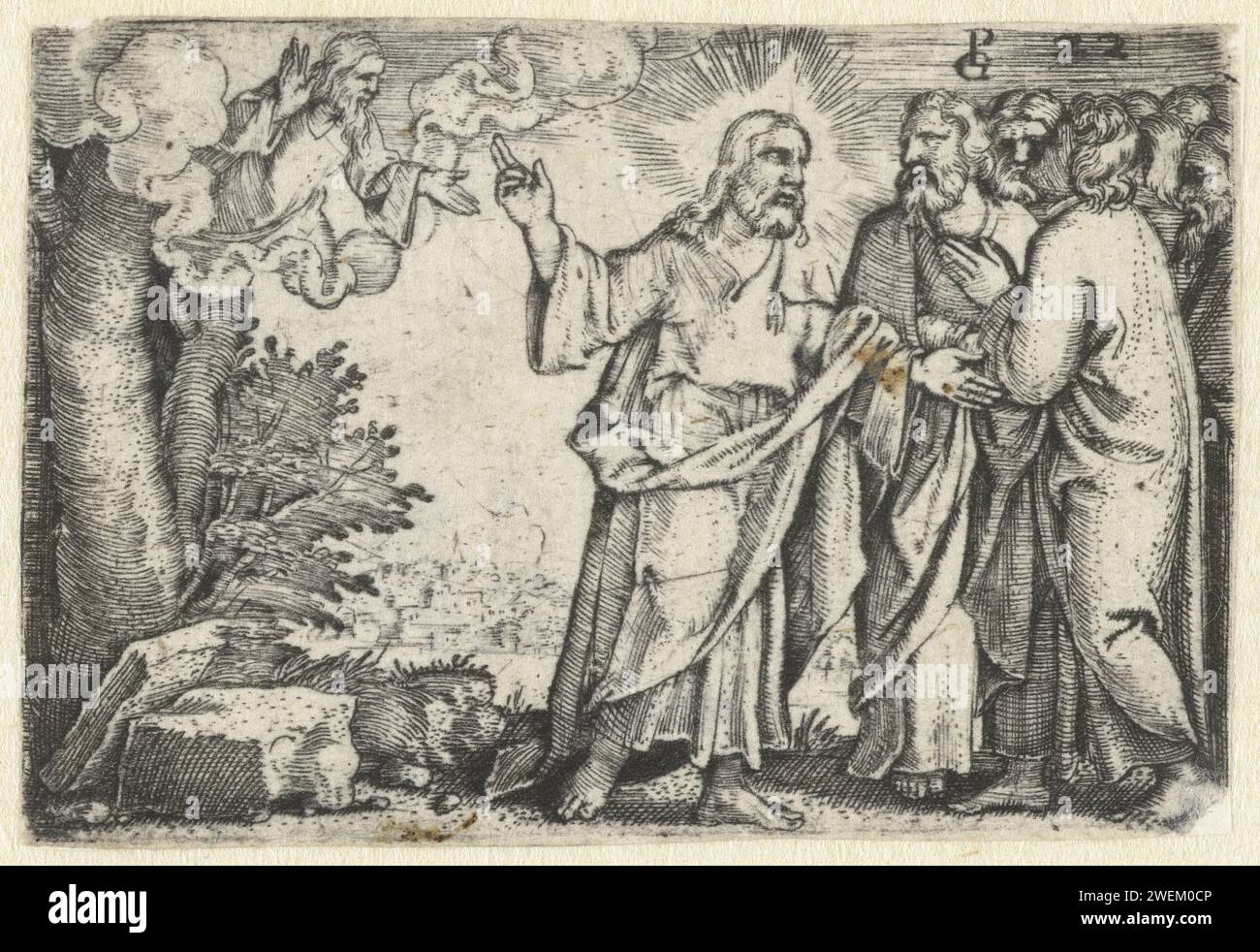 Christus beweist seine Jünger, dass Er Sohn Gottes ist, Georg Pencz, 1534–1535 Druck Christus beweist seine Jünger, dass er Sohn Gottes ist, indem er ihnen seinen Vater im Himmel zeigt. Ein Papierstich Christi, der den Aposteln und Jüngern seine Lehre erklärt Stockfoto