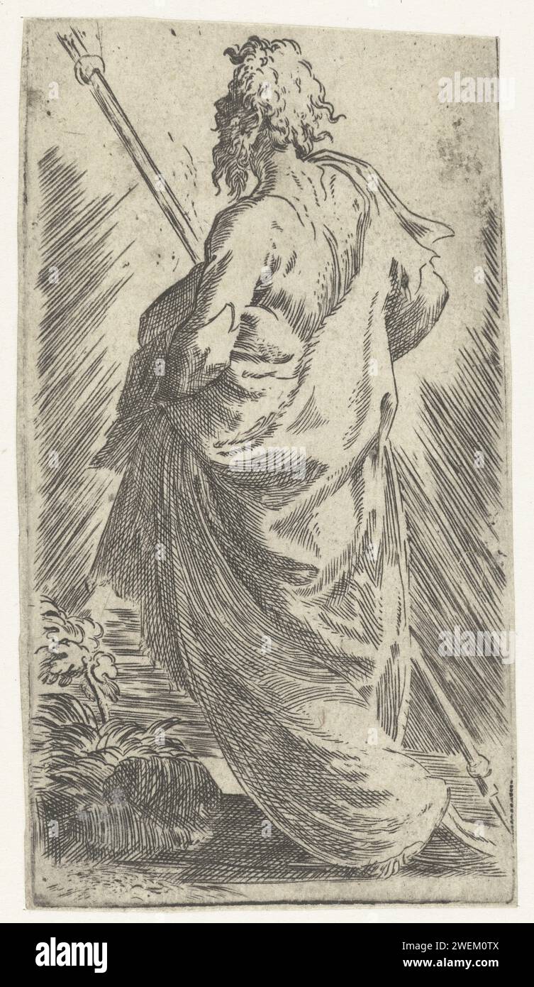 Apostel Jakobus de Merere, Parmigianino, 1524–1540 Druck der Apostel Jakobus sah den Oberen auf der Rückseite. Papierätzung / Gravur / Trockenspitze der Apostel Jakob der große; mögliche Attribute: Buch, Pilgermantel, Hut, Muschel, Stab, Brieftasche, Rolle, Schwert Stockfoto