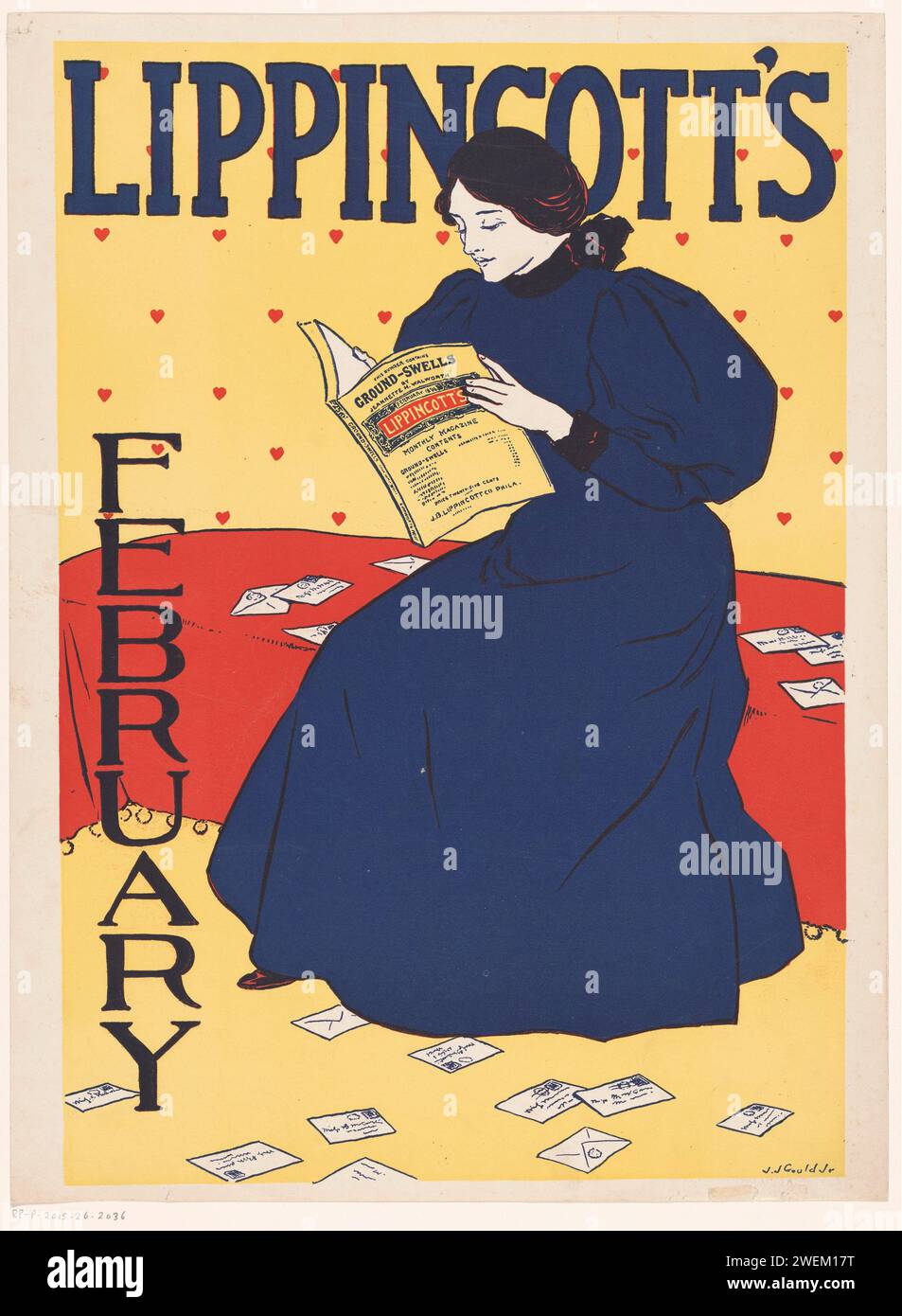 Werbung für eine Februar-Ausgabe von Lippincott's Monthly Magazine, Joseph J. Gould Jr., 1896 Print. Poster, Das Eine Frau auf einer Couch liest, in Lippincotts Monthly Magazine. Die Buchstaben liegen auf der Couch und auf dem Boden. Papierlesung. Wöchentlich, monatlich, Magazin usw. Letter, Umschlag Stockfoto