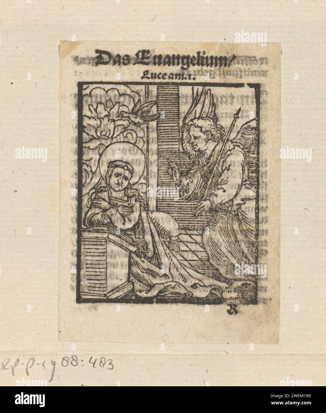 Annunciatie, Anonym, Anonym, 1536 Druckpapier die Verkündigung: Maria, die normalerweise liest, wird vom Engel besucht (manchmal hört eine Frau das Gespräch) Stockfoto