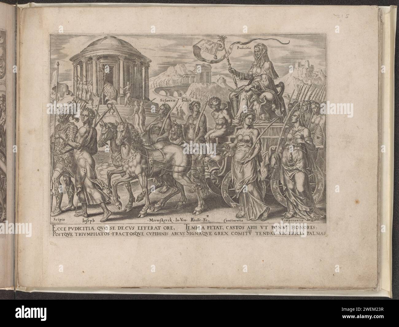 Triumph der Keuschheit, 1563 - 1567 Druck das Auto der Keuschheit (Pudicitia), eine verschleierte Frau, wird von Einhörnern, legendären keuschen Tieren, gezogen. Amor ist mit den Augen verbunden und an ihre Füße gefesselt. In der Prozession sind keusche Figuren aus der Geschichte, der Bibel und der klassischen Mythologie, zum Beispiel der römische General Scipio, Joseph, Susanna und der ehrenwerte Judit, mit dem Kopf des Holofernes in der Hand. Die Tugenden der Selbstkontrolle (Continentia) und Mäßigung (Temperantia) sind auch in der Prozession vorhanden. Das Auto fährt zum Tempel der Keuschheit. Unter der Aufführung ein erläuternder Text in lateinischer Sprache. Diese Pri Stockfoto