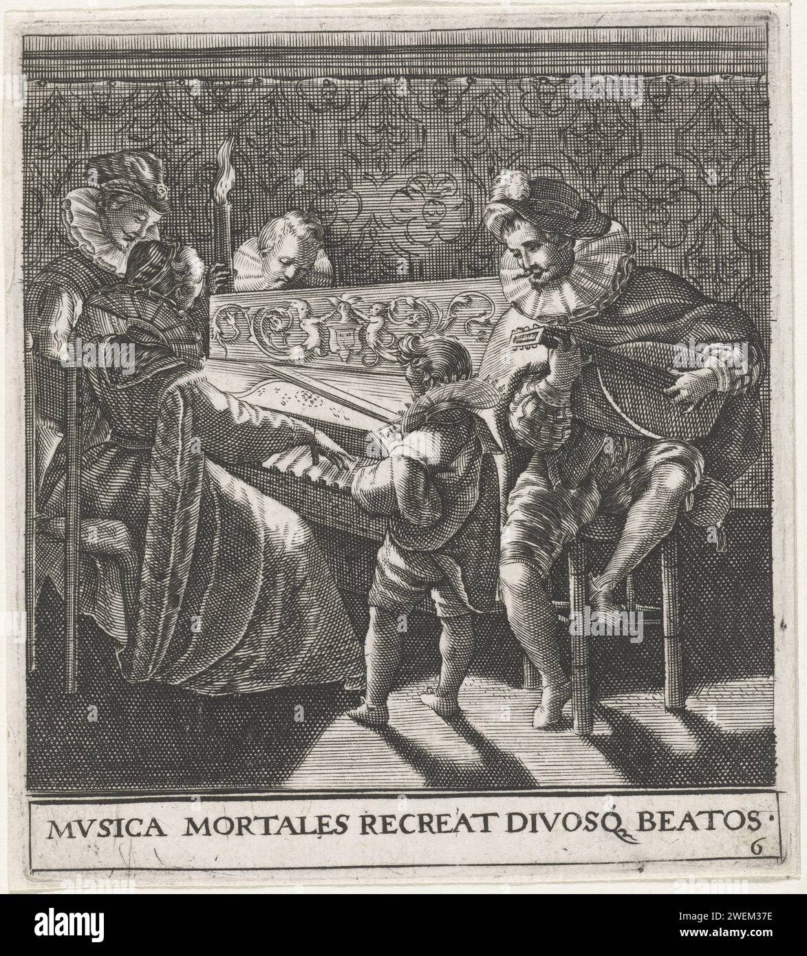 Musizierkompanie in Toortslicht, Johann Theodor de Bry, nach Pieter de Jode, nach Adam van Noort, 1596 gedruckte elegante Musizierkompanie bestehend aus einer jungfräulichen Dame, einem Gentleman mit Laute und zwei Sängern. Ein junger Mann hält eine Fackel, die den Abgang erleichtert. Übersetzung des Mottos: Musik erfrischt die Sterblichen und die glückseligen Götter. Emblem Nr. 6 von Emblemata Saecularia, 1596, nein 27 aus der umfangreichen Ausgabe von 1611. Papierstich „Musica“, symbolische Darstellungen, Allegorien und Embleme  Musik; „Musica“ (Ripa). Instrumental- und Vokalmusik zusammen. Kleidung, Kostüm Stockfoto