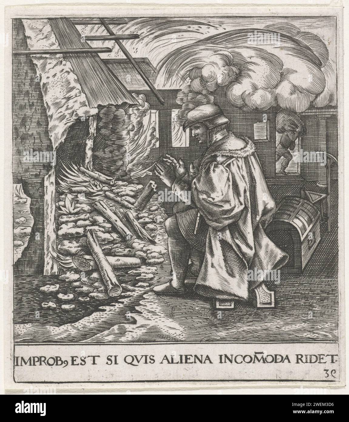 Man wärmt sich auf einem brennenden Haus, Johann Theodor de Bry, nach Anonymous, nach Pieter Bruegel (I), 1596 Druck Ein Mann wärmt sich am Feuer eines brennenden Hauses. Zu einem der 'runden Sprüche' von Bruegel:' er und vieles von dessen Haus brennt, solange er sich an der Kohle erwärmt', mit dem Bruegel seine eigenen und unklaren anprangern will. Papierstich Existenz und Existenzmodi (+ emblematische Darstellung des Begriffs). Egoismus; Interesse, Interesse proprio (Ripa). Sich am Feuer erwärmen (oder Herd, Herd, Feuerpfanne, Brazier). Feuer, Feuer Stockfoto