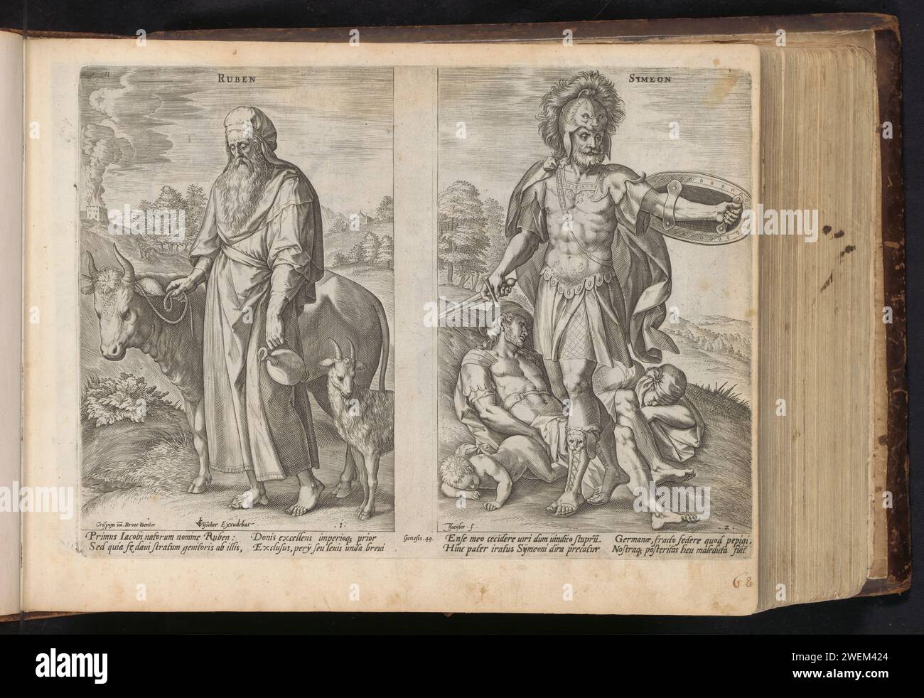 Vorfahren Ruben und Simeon, 1646 Druck links, Vorfahren Ruben, der älteste Sohn Jakobs, in einer Landschaft mit einer Kuh und einer Ziege neben ihm. Eine Kanne in seiner linken Hand. Rechts Vorfahren Simeon, der zweite Sohn Jakobs, in Rüstung in einer Landschaft. Hinter ihm befinden sich die Leichen von Sichem und zwei seiner Männer, die Simeon zusammen mit Levi als Rache für die Onteren seiner Schwester Dina getötet hatten. Unter den Aufführungen ist ein lateinischer Verweis auf den Bibeltext in Gen. 49. Dieser Ausdruck ist Teil eines Albums. Papiergravur. Stockfoto