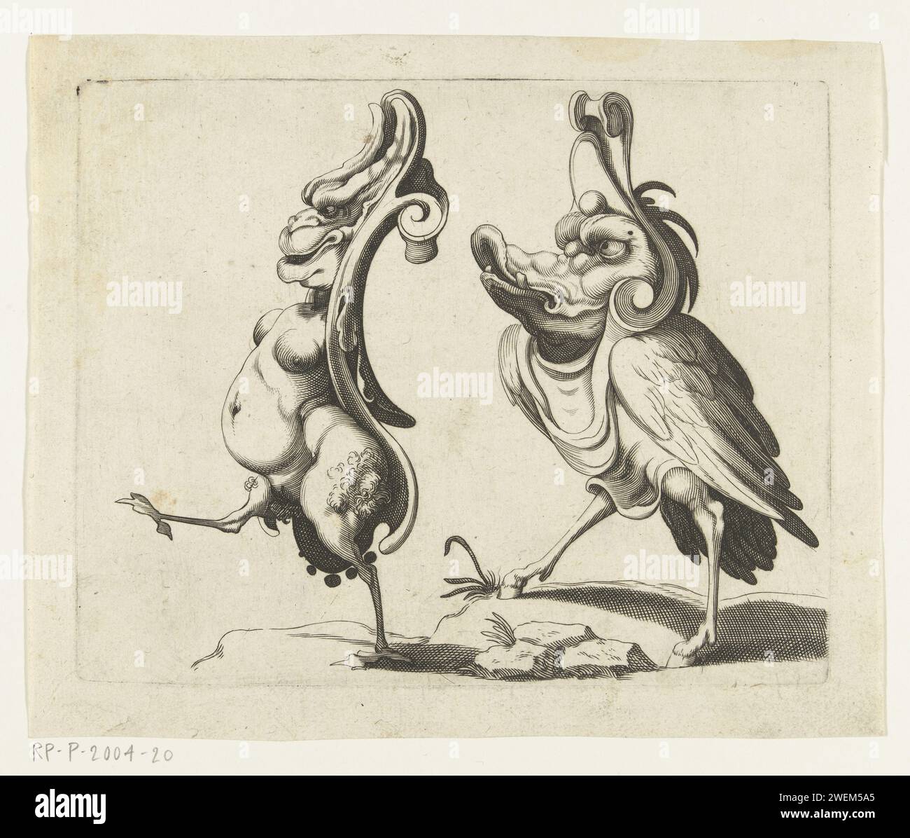 Zwei Grotesken, gehen nach links, 1600 - 1625 drucken zwei Grotesken, gehen nach links. Die Vorderseite hat Vogelbeine, die hinteren Hufe. Ab Serie von 12. Papiergravur Ornament  grotesk. Fabelhafte Tiere (manchmal fälschlicherweise „Grotesken“ genannt); „Mostri“ (Ripa) Stockfoto