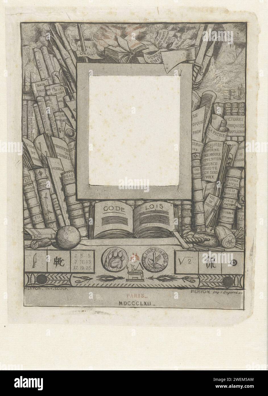 Rahmen für Porträt von Armand Guéraud, Charles Meryon, 1862 Druck Rahmen mit allegorischer Darstellung der Erfindung und Anwendung des Drucks. Bücher mit Titeln auf den Reifen und Druckwerkzeugen sind übereinander gestapelt um einen leeren Rahmen. Unter dem Rahmen, der für das Porträt des Druckers Armand Guéraud vorgesehen ist, befindet sich ein Gesetzbuch mit einem Schwert. In einem Band unten sind chinesische Schriftzeichen und hier. Meryon machte sich große Mühe für die Ausarbeitung des Rahmens, er machte vierzehn zustände und änderte die Titel der Bücher immer neben anderen Details. Ein paar rote Akzente sind das Stockfoto