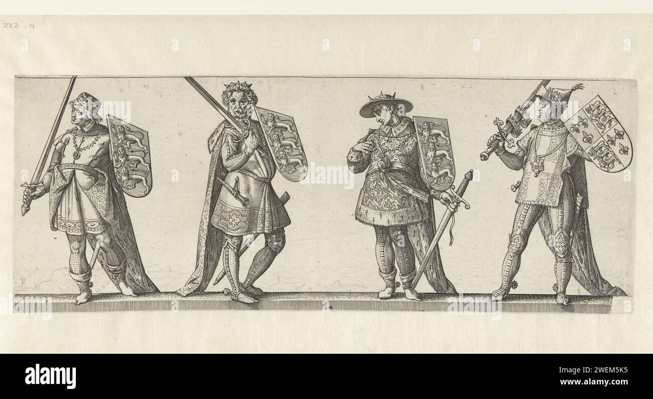 Koningen Hendrik III., Eduard I., Eduard II. Eduard III. Drucken vier Männer mit einem Wappen und einem Schwert. Der König hat zwei Kronen um sein Schwert. Eine Landschaft im Hintergrund vage. Dieser Druck ist Teil einer achtteiligen Druckserie von Königen und Königinnen von England (unnummerierte Titelseite und sieben nummerierte Drucke mit zwei bis vier Figuren). Papiergravur König Stockfoto