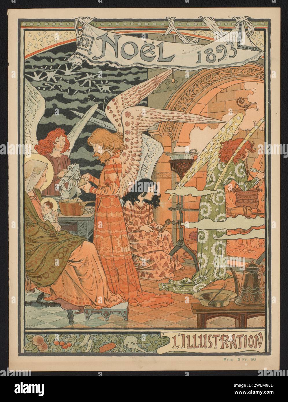 Cover für die Weihnachtsausgabe 1893 von „L'Illustration“, Anonym, nach Eugène Grasset, Druck 1893. Fotomechanischer Druck Maria mit Kind in einer Küche, in der vier Engel Essen zubereiten. Papier Buchdruck / Druckblock Bucheinband, Bindung. Wöchentlich, monatlich, Magazin usw. Weihnachten (nicht-liturgische Feier) Stockfoto