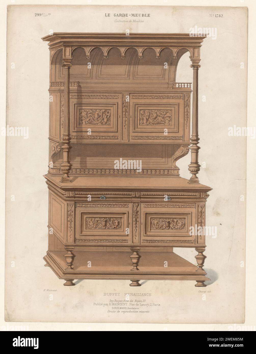 Buffet-Schrank, Chanat, 1885 - 1895 Druck Ein Renaissance-Buffet-Schrank. Drucken Sie aus dem 299. Livraison. Papiermöbel zur Aufbewahrung Stockfoto