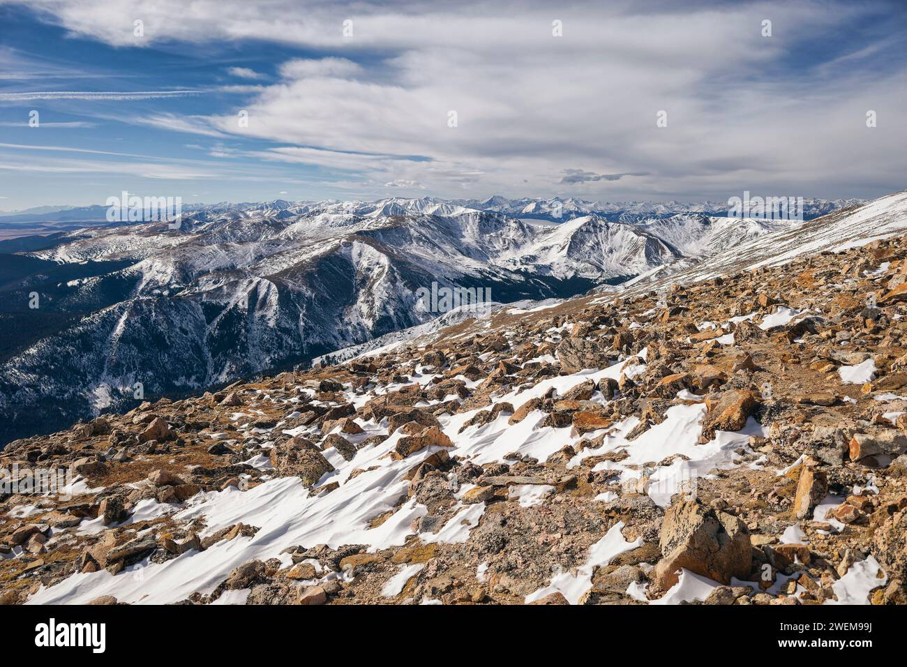Blick auf die Front Range und darüber hinaus, Colorado Stockfoto