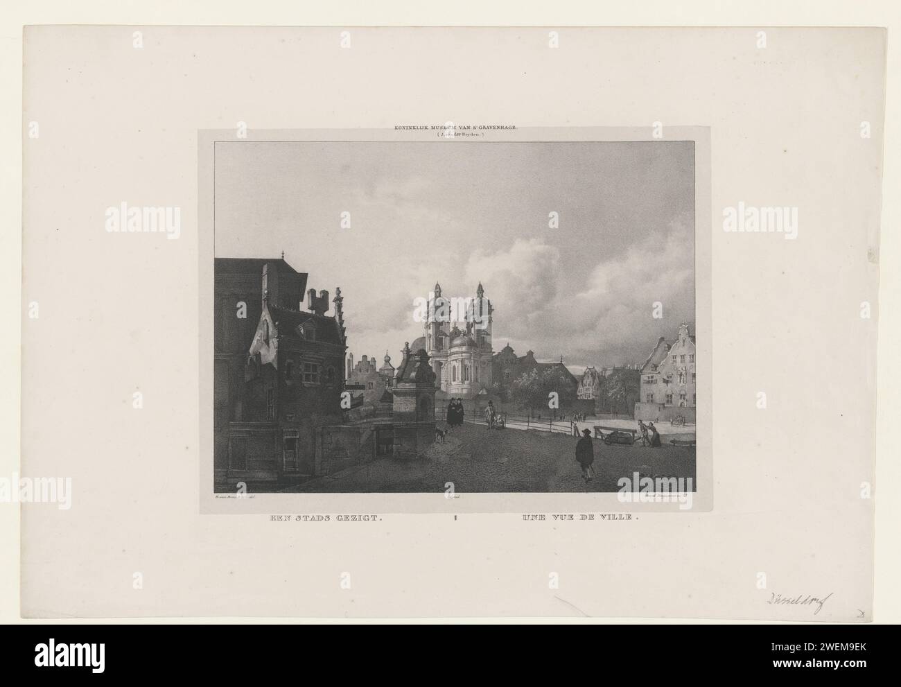 Blick auf die Sint-Andreas-Kirche in Düsseldorf, Hove (BZ), Huib van, nach Jan van der Heyden, 1828 Druckpapierkirche (außen). Aussicht auf die Stadt, Stadtpanorama, Silhouette der Stadt Sint-Andreaskerk. Düsseldorf Stockfoto