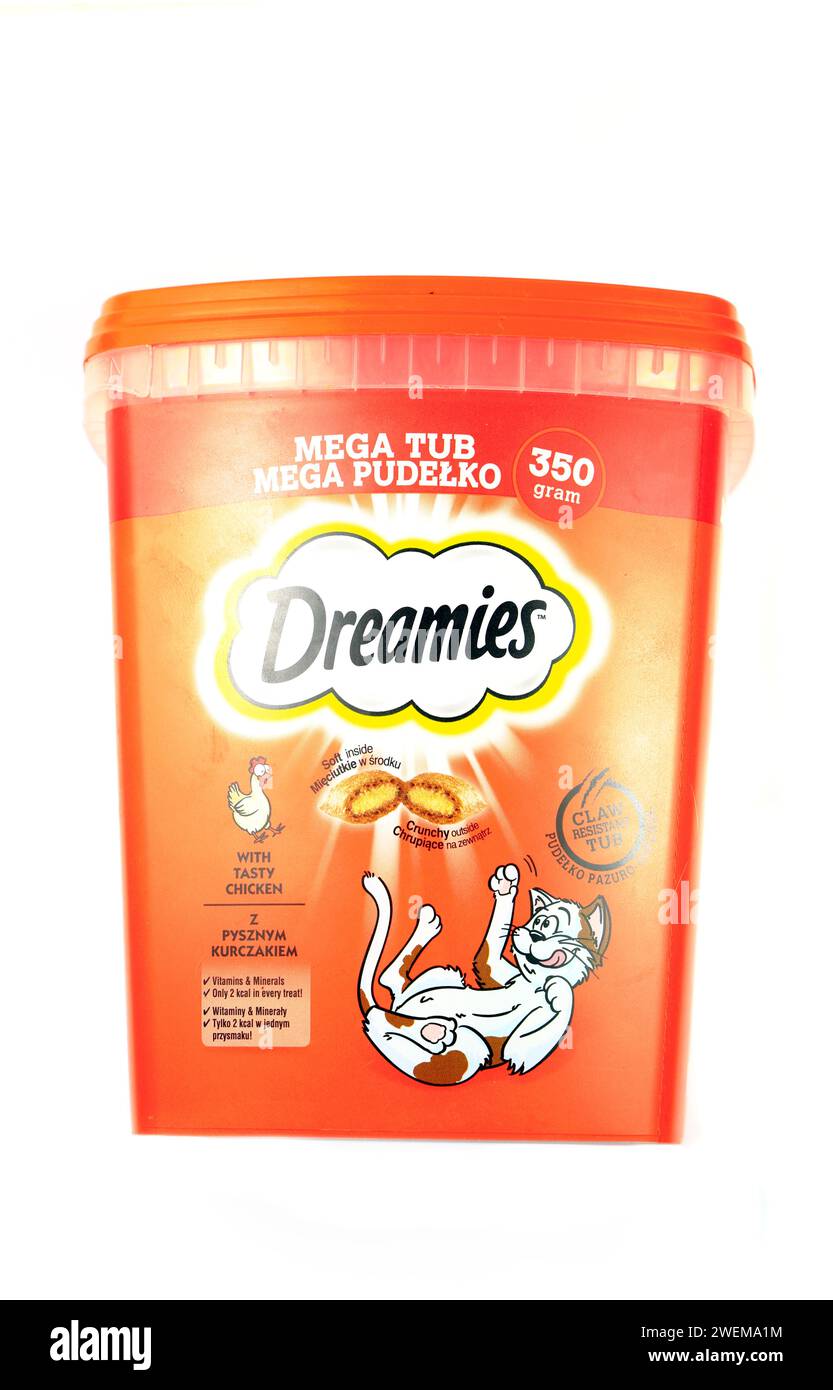 Schachtel mit Dreamies-Katzenbonbons. Stockfoto