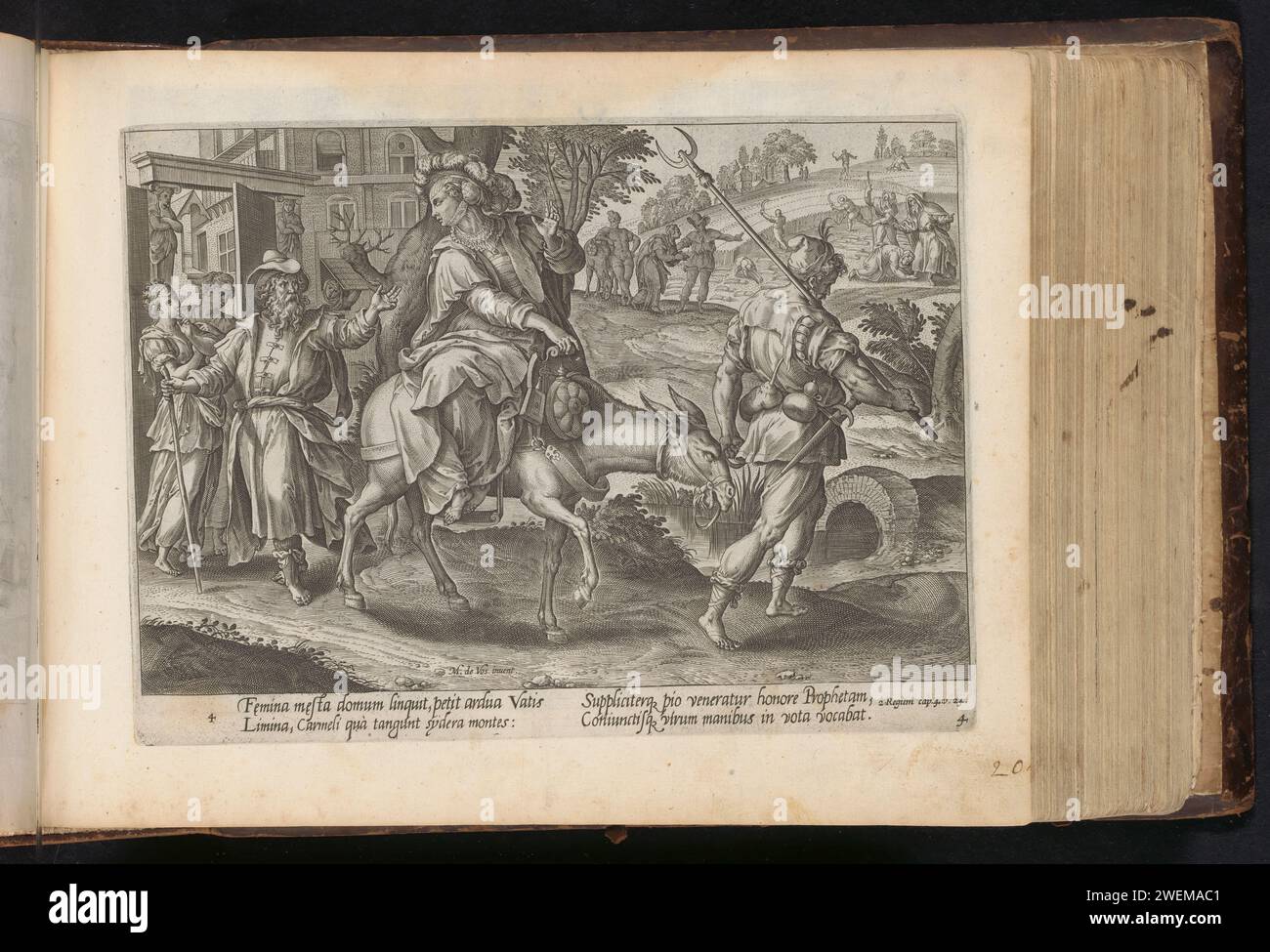 Frau aus Sunem fährt auf einem Esel nach Elisa, Hans Collaert (I), nach Maerten de Vos, 1646 Druck die Frau aus Sunem fährt auf einem Esel zum Propheten Elisa. Ihr Mann ist am Tor. Im Hintergrund rechts bittet sie den Propheten um Hilfe, weil ihr Sohn gestorben ist. Unter der Ausstellung ist ein Hinweis auf den Bibeltext in 2 Kon in lateinischer Sprache zu sehen. 4:24 Uhr. Dieser Ausdruck ist Teil eines Albums. Die Shunammite-Frau reitet mit ihrem Esel nach Elisha, beugt sich vor ihm nieder und hält seine Füße fest und bittet ihn, mit ihr zu kommen Stockfoto