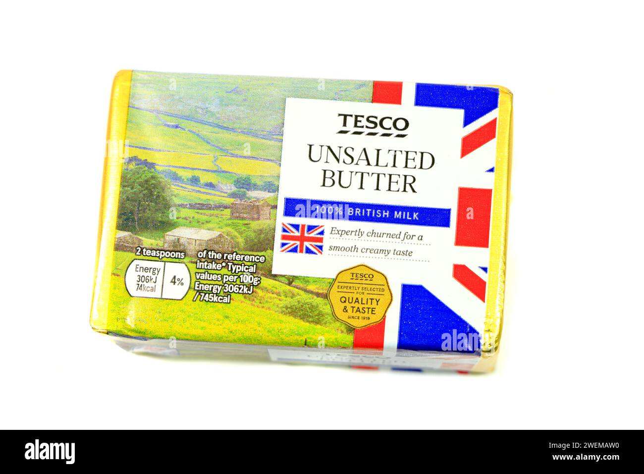 Packung ungesalzene britische Butter. Stockfoto